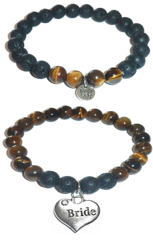 Bride - Women's Tiger Eye & Black Lava Diffuser Yoga Beads Charm Stretch Bracelet Gift Set