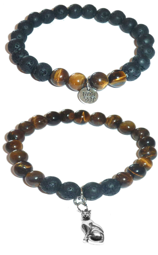 Cat Charm - Women's Tiger Eye & Black Lava Diffuser Yoga Beads Charm Stretch Bracelet Gift Set.