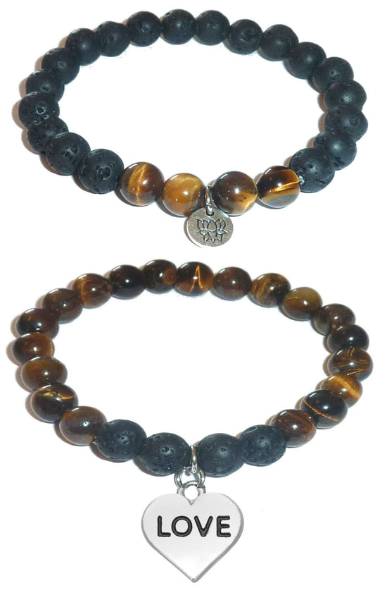 Love - Women's Tiger Eye & Black Lava Diffuser Yoga Beads Charm Stretch Bracelet Gift Set