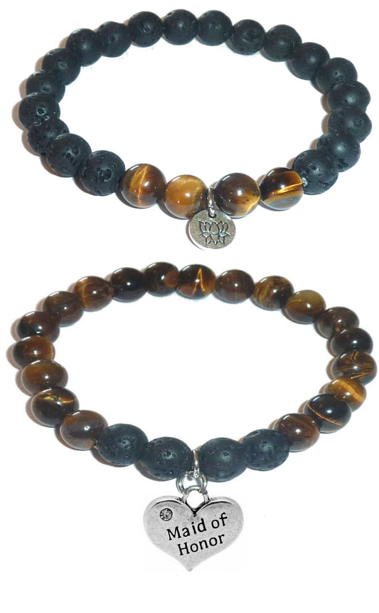 Maid of Honor - Women's Tiger Eye & Black Lava Diffuser Yoga Beads Charm Stretch Bracelet Gift Set