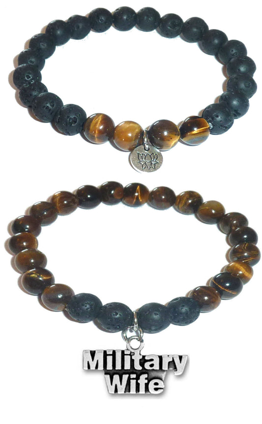 Military Wife - Women's Tiger Eye & Black Lava Diffuser Yoga Beads Charm Stretch Bracelet Gift Set