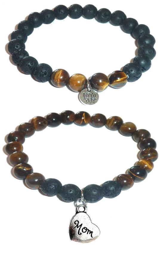 Mom - Women's Tiger Eye & Black Lava Diffuser Yoga Beads Charm Stretch Bracelet Gift Set