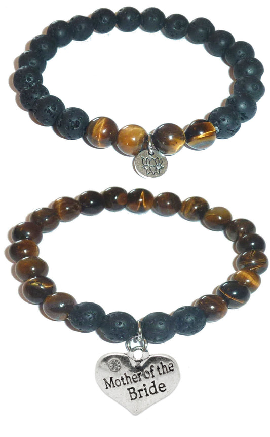 Mother of the Bride - Women's Tiger Eye & Black Lava Diffuser Yoga Beads Charm Stretch Bracelet Gift Set