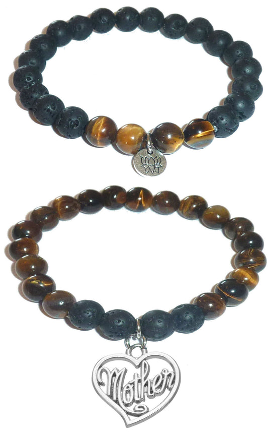 Mother - Women's Tiger Eye & Black Lava Diffuser Yoga Beads Charm Stretch Bracelet Gift Set