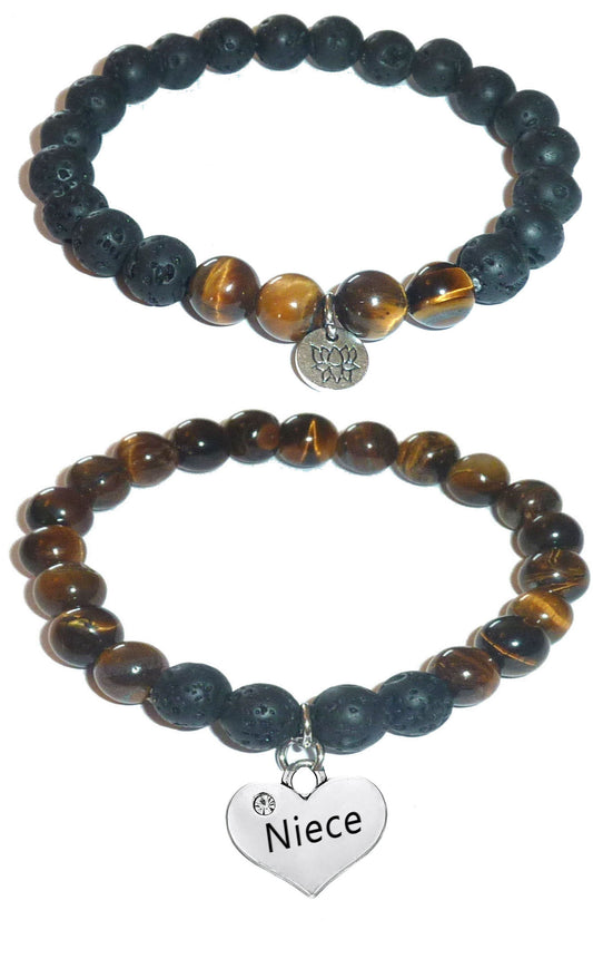 Niece - Women's Tiger Eye & Black Lava Diffuser Yoga Beads Charm Stretch Bracelet Gift Set