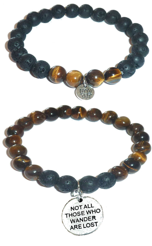 Not all Those that Wander are Lost - Women's Tiger Eye &amp; Black Lava Diffuser Yoga Beads Charm Stretch Bracelet Gift Set