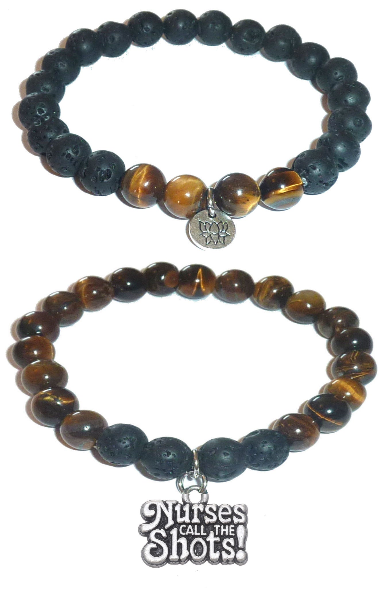 Nurses call the shots - Women's Tiger Eye & Black Lava Diffuser Yoga Beads Charm Stretch Bracelet Gift Set