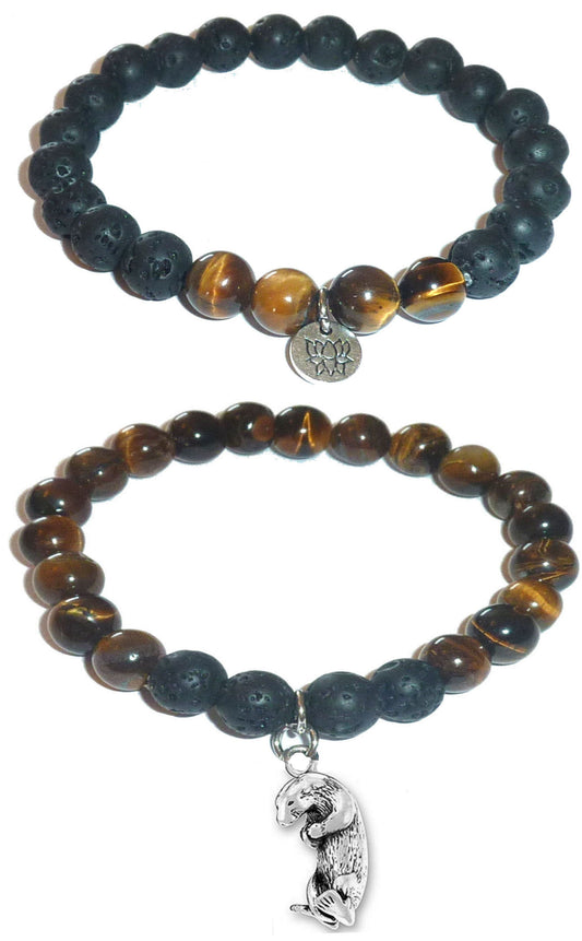Otter - Women's Tiger Eye &amp; Black Lava Diffuser Yoga Beads Charm Stretch Bracelet Gift Set