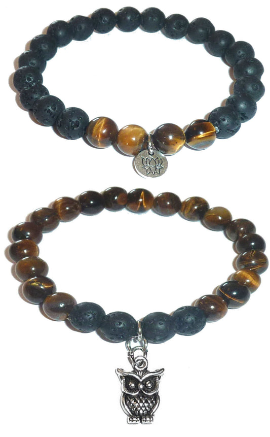 Owl - Women's Tiger Eye & Black Lava Diffuser Yoga Beads Charm Stretch Bracelet Gift Set