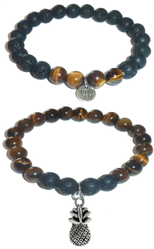 Pineapple - Women's Tiger Eye & Black Lava Diffuser Yoga Beads Charm Stretch Bracelet Gift Set