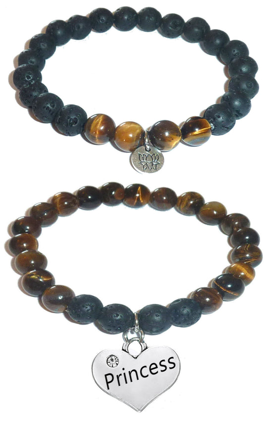 Princess - Women's Tiger Eye & Black Lava Diffuser Yoga Beads Charm Stretch Bracelet Gift Set