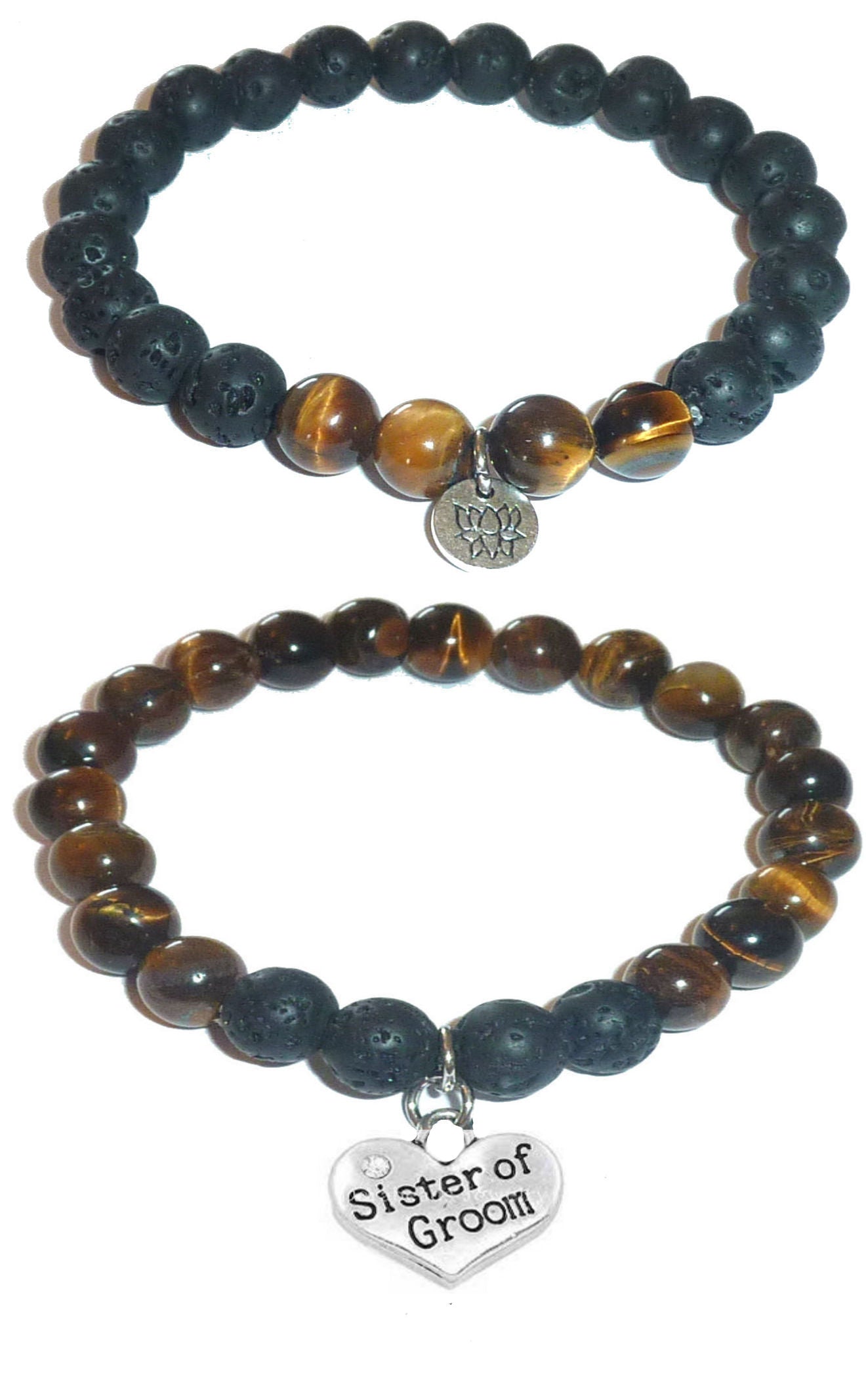 Sister of the Groom - Women's Tiger Eye & Black Lava Diffuser Yoga Beads Charm Stretch Bracelet Gift Set