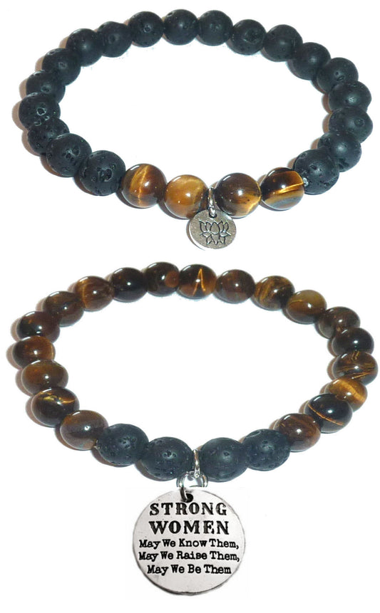 Strong Women, May we know them, raise them, Be them - Women's Tiger Eye & Black Lava Diffuser Yoga Beads Charm Stretch Bracelet Gift Set