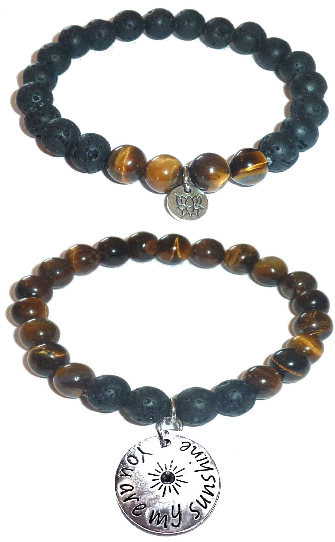 You are my Sunshine - Women's Tiger Eye & Black Lava Diffuser Yoga Beads Charm Stretch Bracelet Gift Set