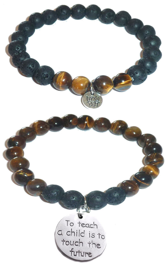 To Teach a Child is to Touch the Future - Women's Tiger Eye & Black Lava Diffuser Yoga Beads Charm Stretch Bracelet Gift Set