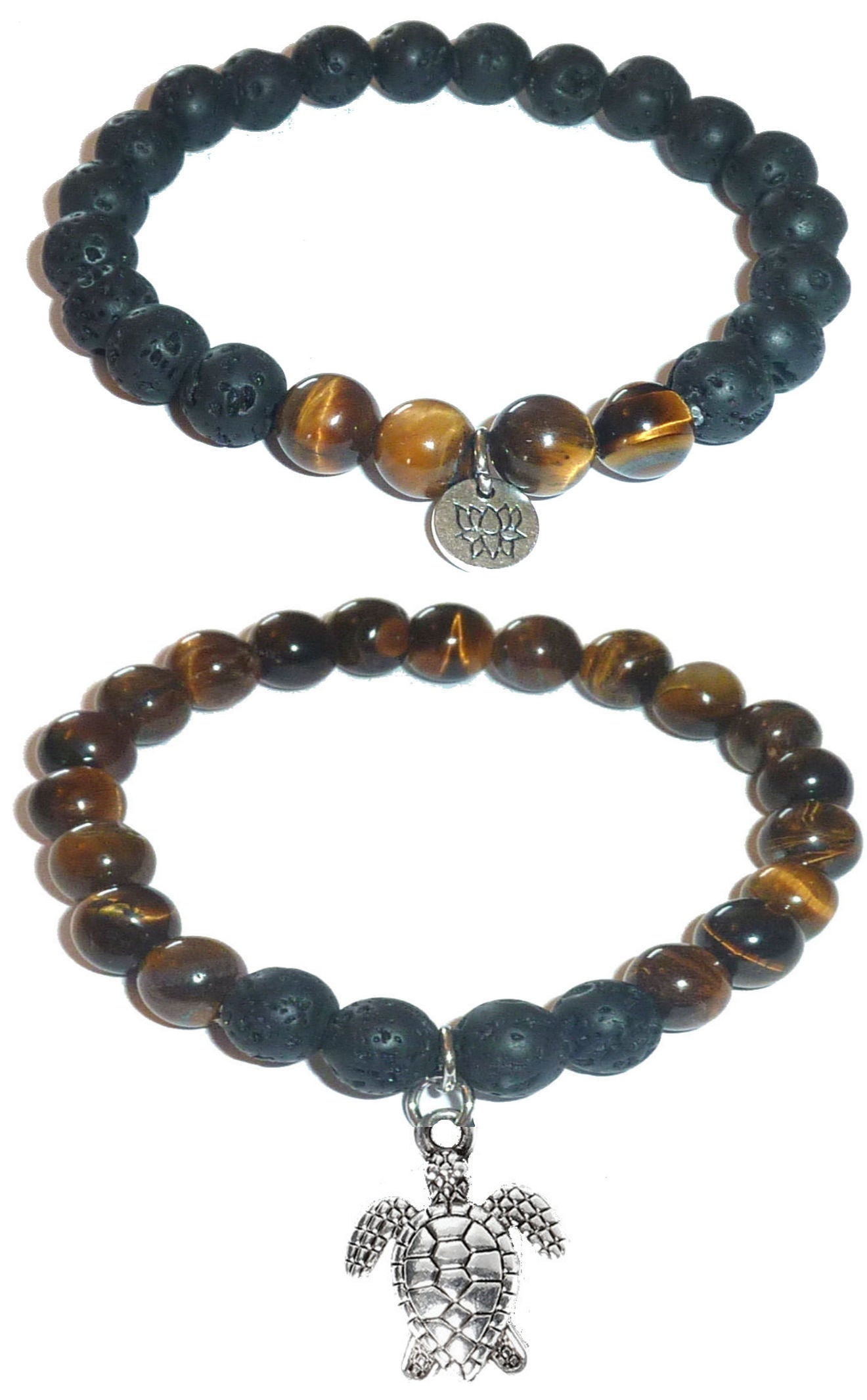 Turtle - Women's Tiger Eye & Black Lava Diffuser Yoga Beads Charm Stretch Bracelet Gift Set