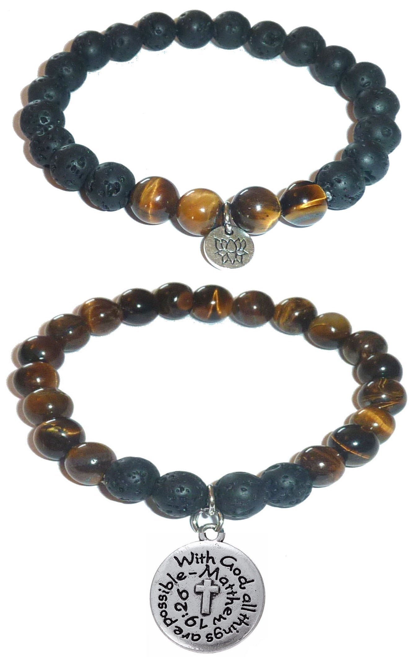 With God All Things Are Possible - Women's Tiger Eye & Black Lava Diffuser Yoga Beads Charm Stretch Bracelet Gift Set