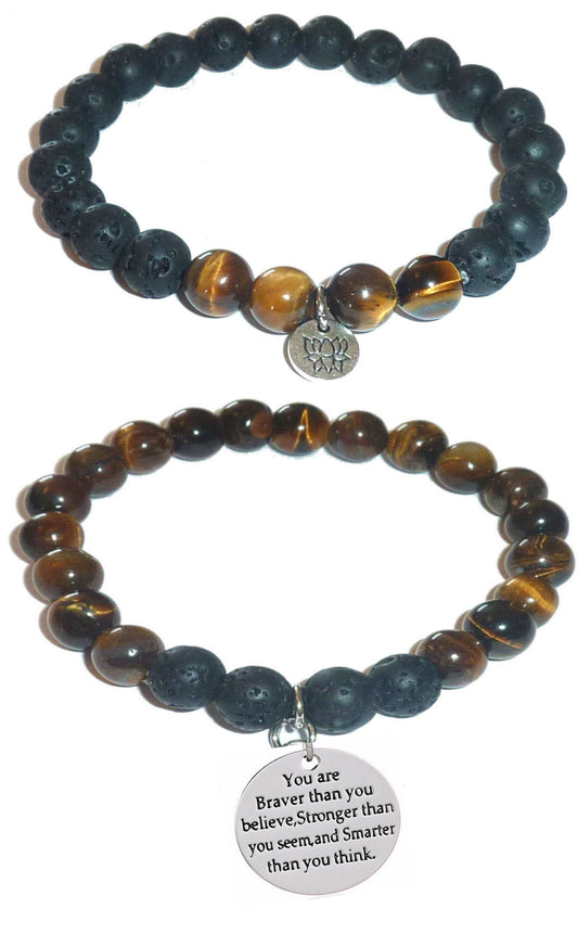 You are Braver, Stronger, Smarter - Women's Tiger Eye & Black Lava Diffuser Yoga Beads Charm Stretch Bracelet Gift Set