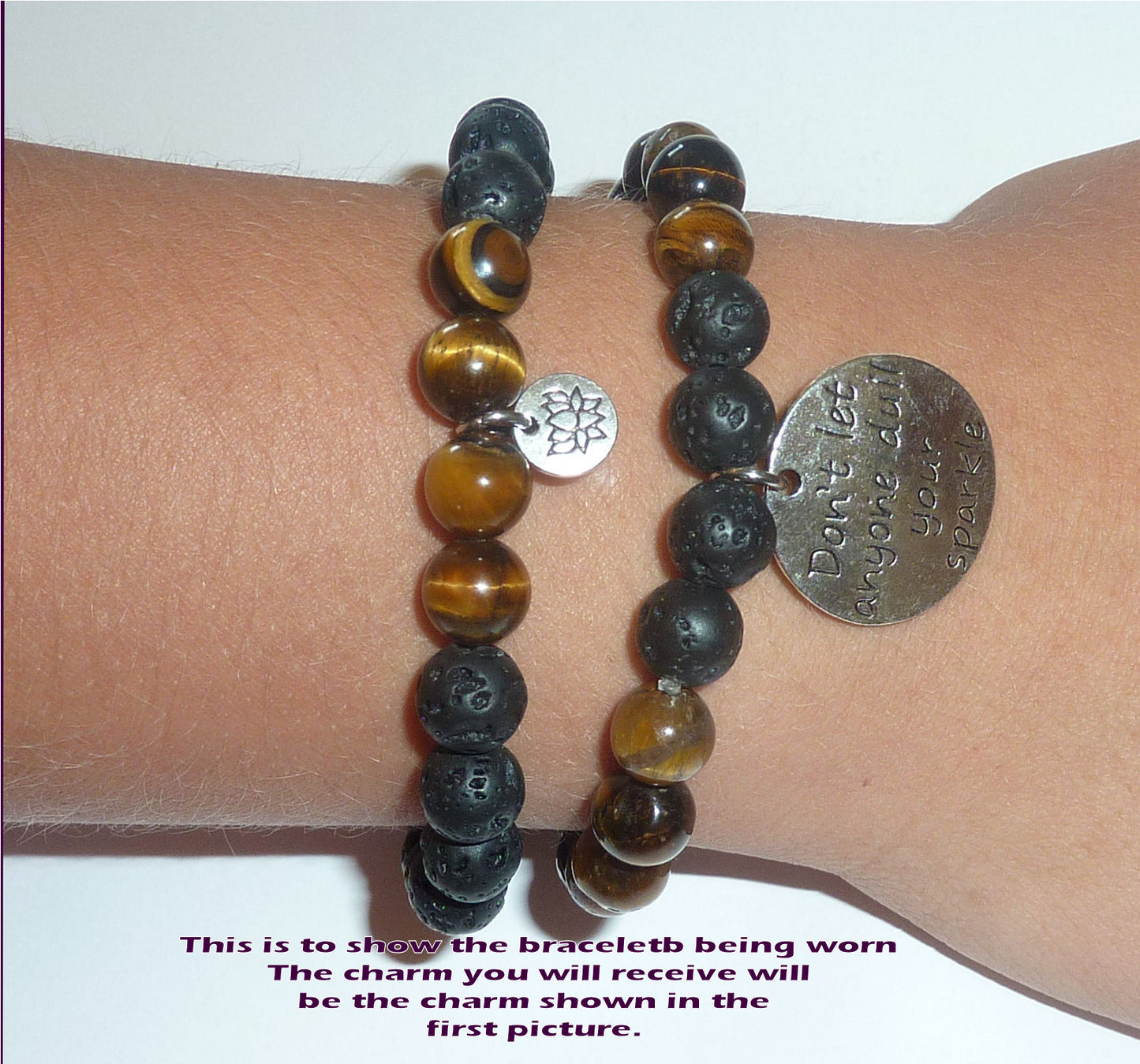 Strong Is The New Pretty - Women's Tiger Eye & Black Lava Diffuser Yoga Beads Charm Stretch Bracelet Gift Set