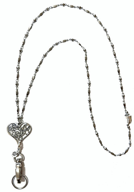 #280 Magnetic Breakaway -Trendy Heart Women's Lanyard Stainless Steel Chain, Made in USA, Fashion ID Badge Holder, 34" Long, Holds Keys and Badge