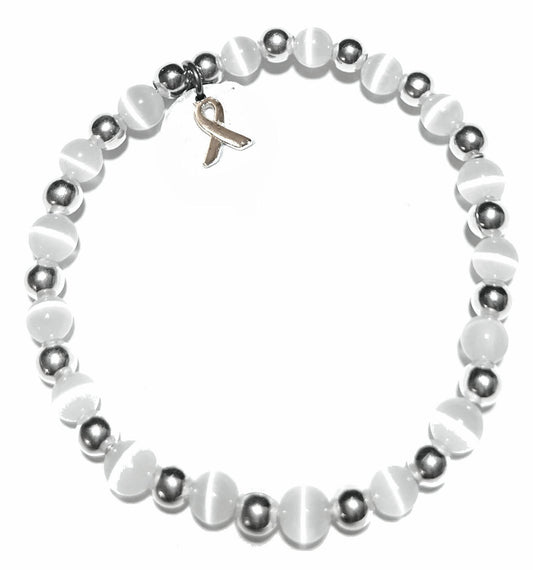 White (Cervical, Bone & Retinoblastoma) Packaged Cancer Awareness Bracelet 6mm - Stretch (will stretch to fit most Adults)