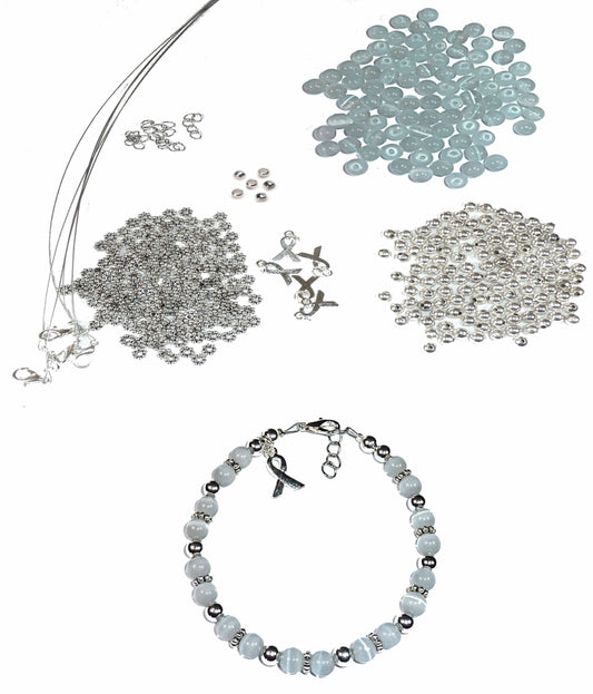 DIY Kit, Everything You Need to Make Cancer Awareness Bracelets, Uses Wire, Crimps and Clasps, Makes 5 - Gray (Brain Cancer)