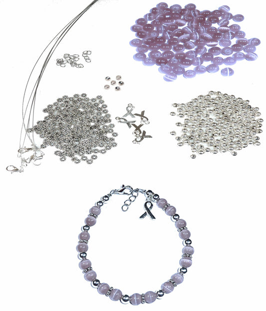 DIY Kit, Everything You Need to Make Cancer Awareness Bracelets, Uses Wire, Crimps and Clasps, Makes 5 - Lavender (All cancer survivors and general cancer awareness)