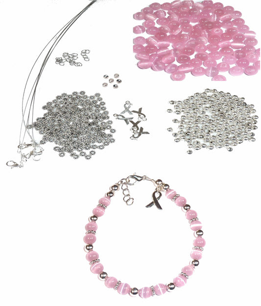 DIY Kit, Everything You Need to Make Cancer Awareness Bracelets, Uses Wire, Crimps and Clasps, Makes 5 - Pink (Breast Cancer)