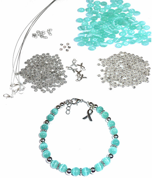 DIY Kit, Everything You Need to Make Cancer Awareness Bracelets, Uses Wire, Crimps and Clasps, Makes 5 - Teal (Ovarian)