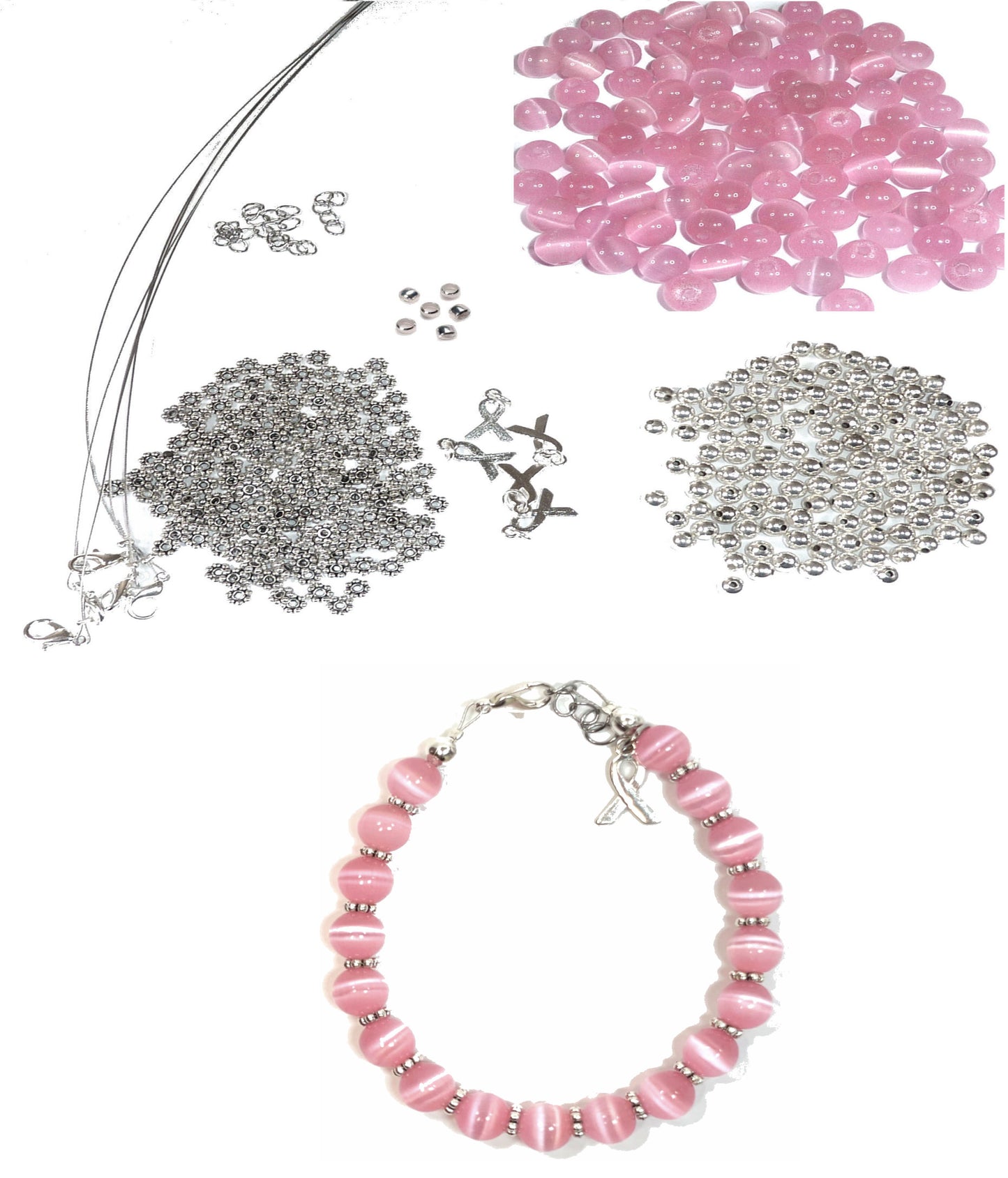 8mm DIY Kit, Everything You Need to Make Cancer Awareness Bracelets, Uses Wire, Crimps and Clasps, Makes 5 - Pink (Breast Cancer)