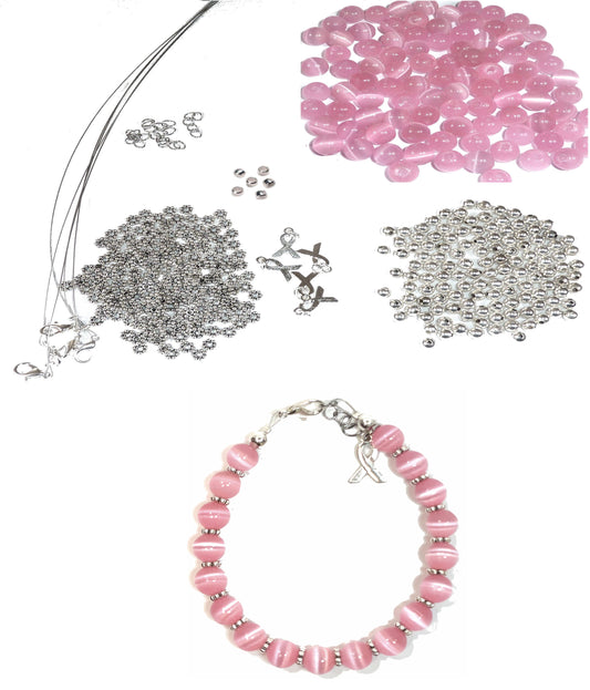 8mm DIY Kit, Everything You Need to Make Cancer Awareness Bracelets, Uses Wire, Crimps and Clasps, Makes 5 - Pink (Breast Cancer)
