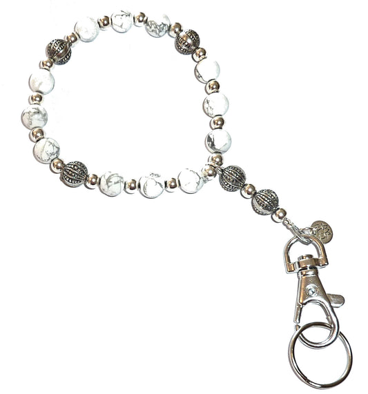 Wrist Lanyard, Beaded Women's Wristlet for Keys, Phone, ID Badge, Lightweight and Strong - Howlite Stone Beads