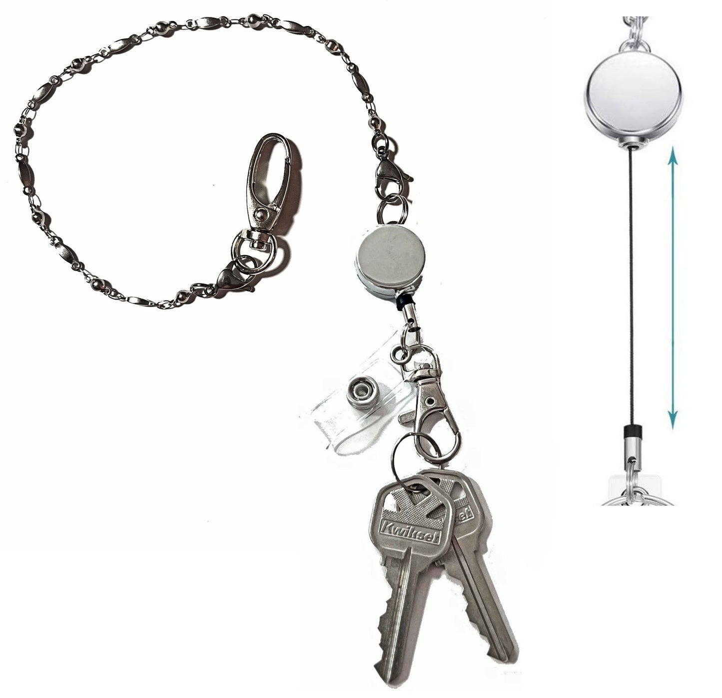 Stainless Steel  - Key Keeper 12" With Retractable Reel Women's Beaded Hand Strap Chain Finder Organizer Wallet Purse Holder Ring