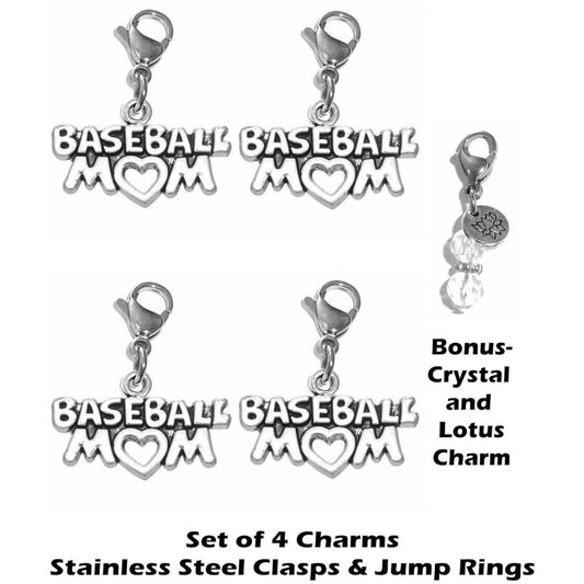 4 Pack Baseball Mom Clip On Charms - Sports Charms Clip On Anywhere