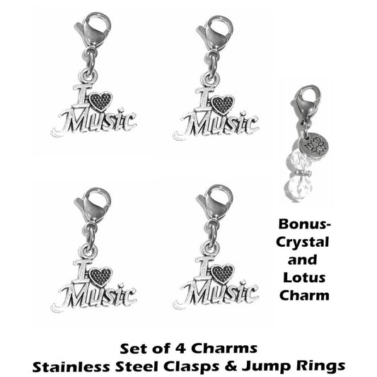 4 Pack I Love Music Clip On Charms - Whimsical Charms Clip On Anywhere