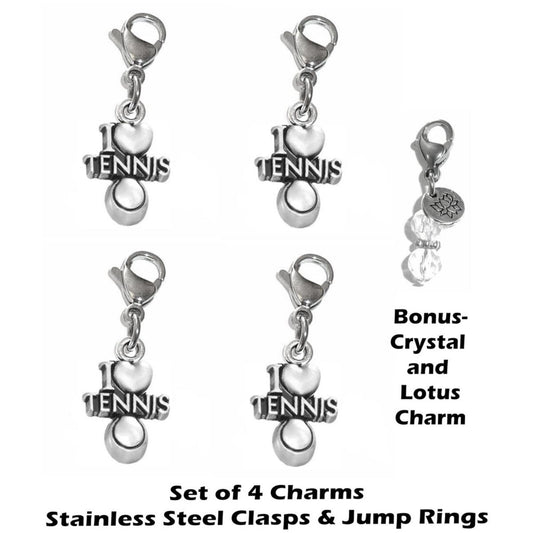 4 Pack I Love Tennis Clip On Charms - Sports Charms Clip On Anywhere