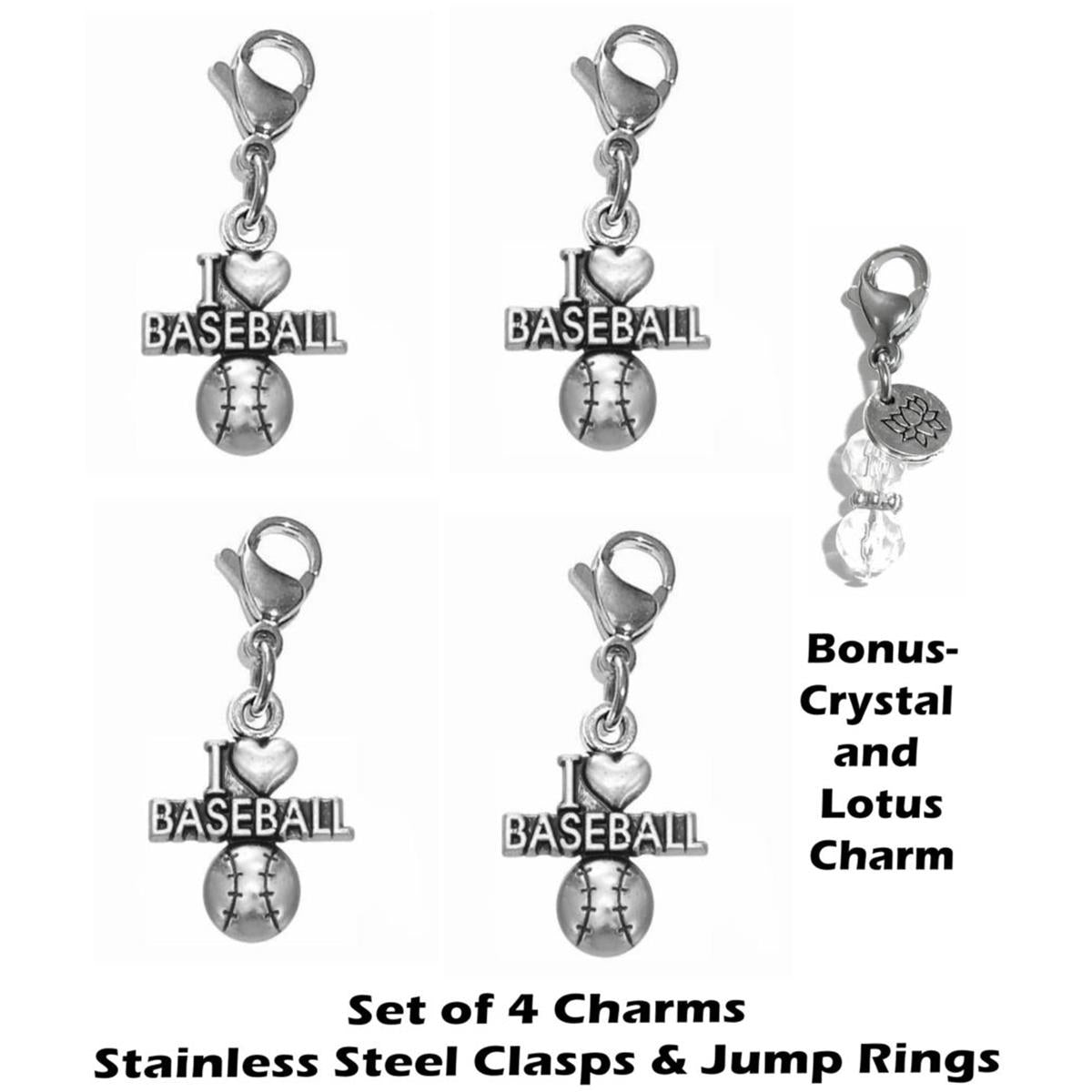 4 Pack I Love Baseball Clip On Charms - Sports Charms Clip On Anywhere