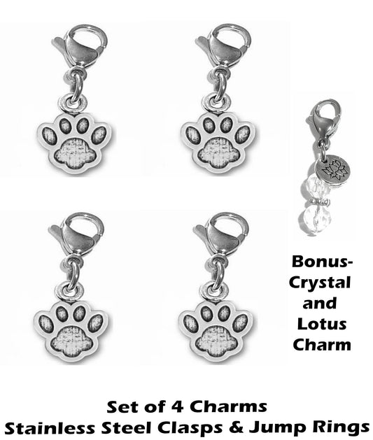 4 Pack Paw Print Clip On Charms - Animal Charms Clip On Anywhere