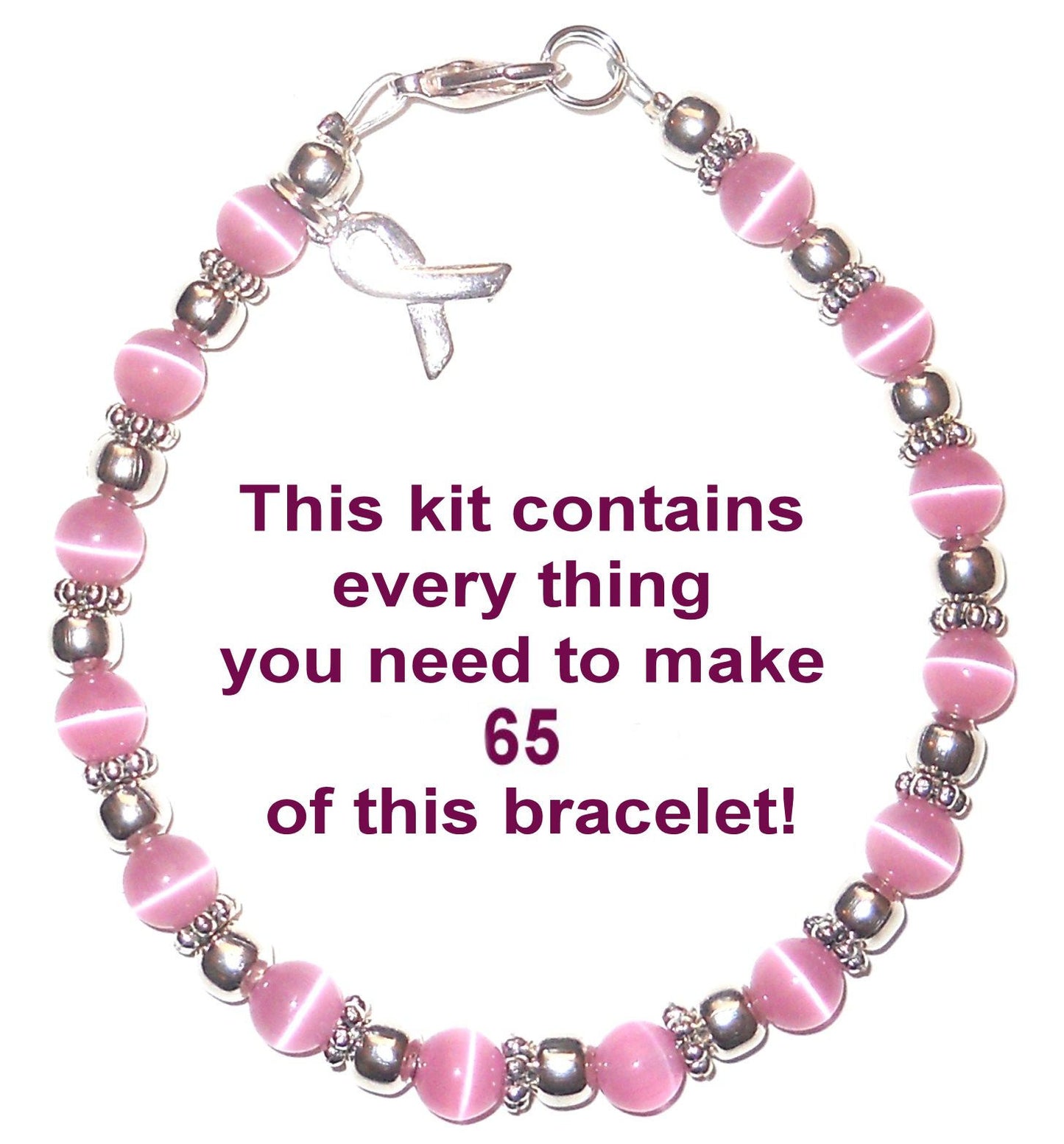 Breast Cancer Awareness Bracelet Kit With Clasps &amp; Wire 6mm, makes 65