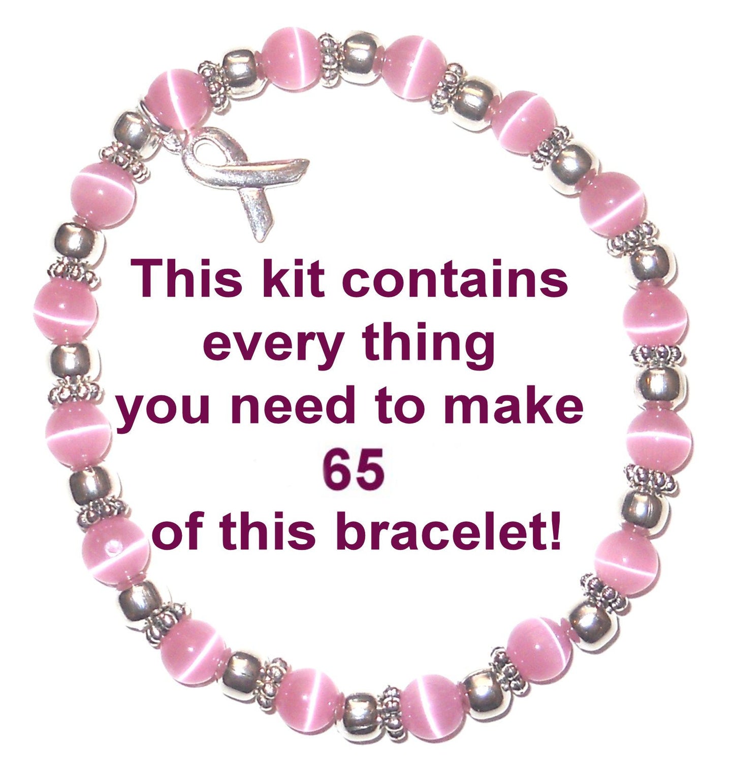 Breast Cancer Awareness Bracelet Kit With Stretch cord 6mm, makes 65
