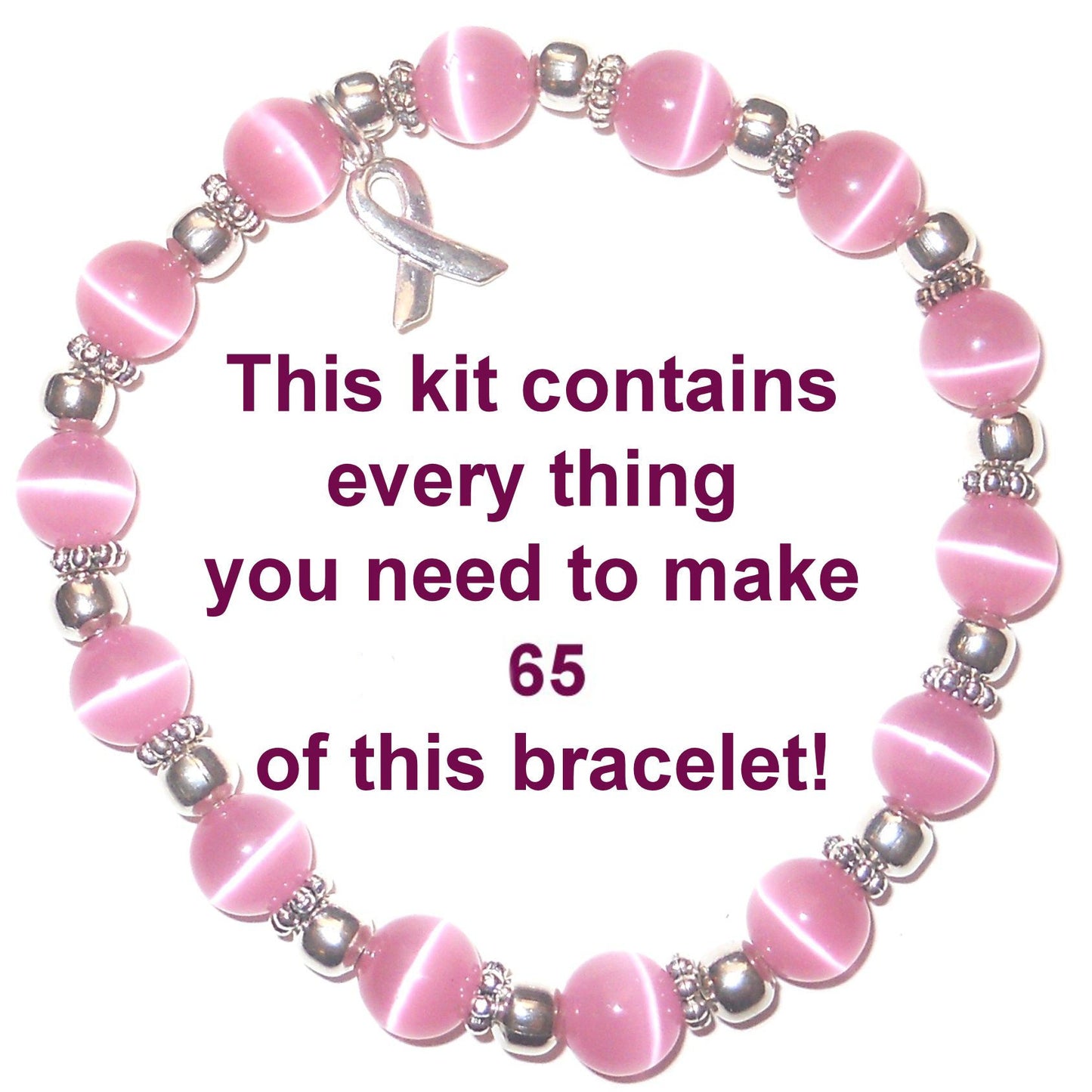 Breast Cancer Awareness Bracelet Kit With Stretch cord 8mm, makes 50