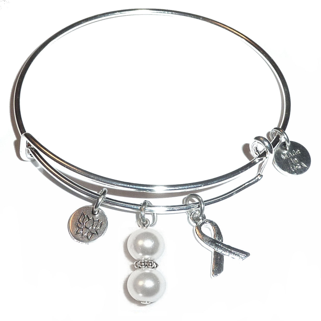 White Pearl (Lung Cancer) Hope for the Cure Bangle Bracelet -Expandable Wire Bracelet– Comes in a gift box