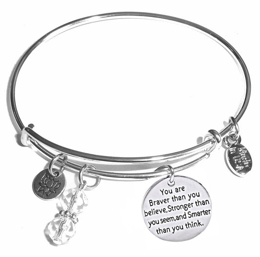You are braver than you believe - Message Bangle Bracelet - Expandable Wire Bracelet– Comes in a gift box