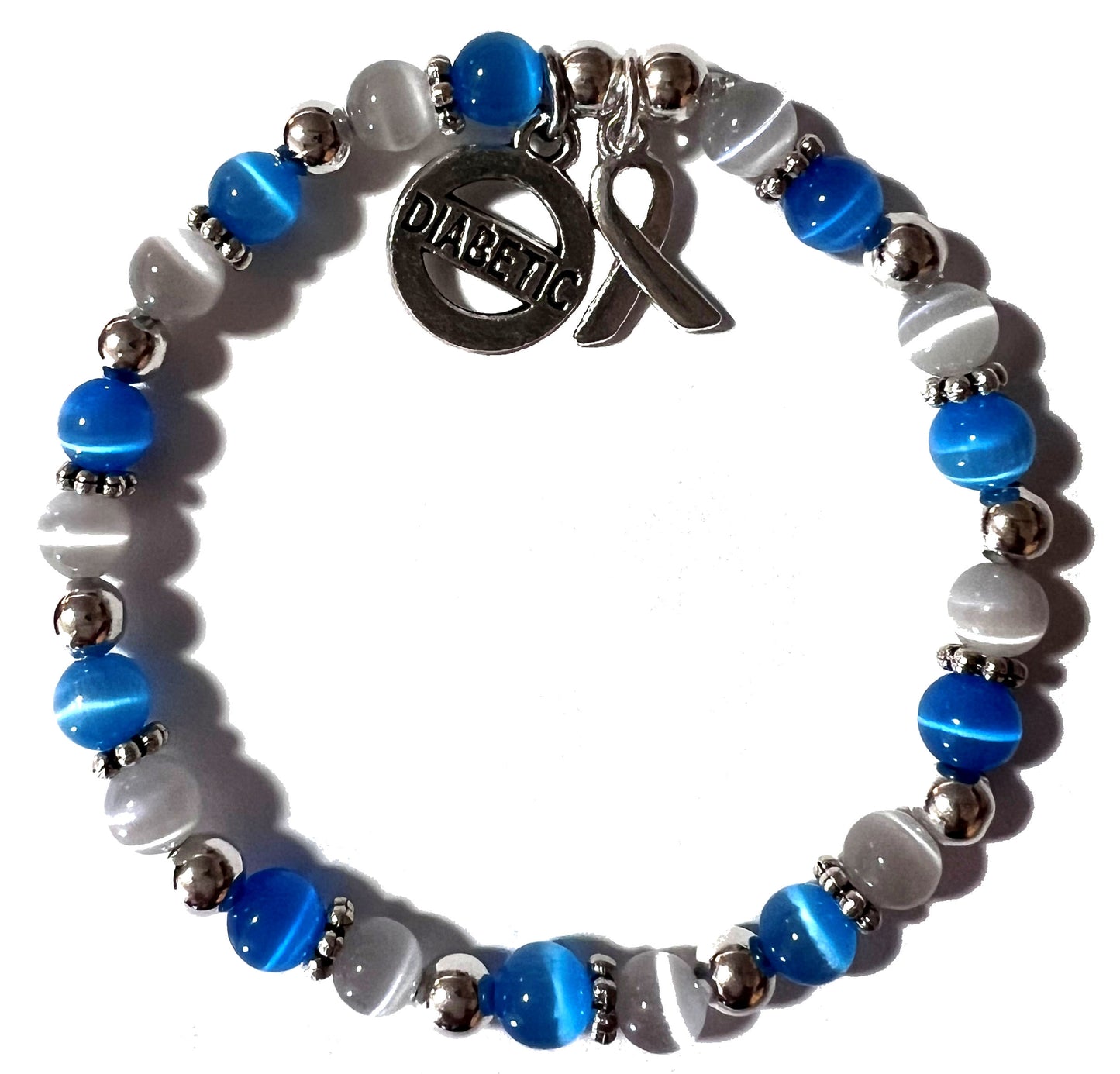 Diabetic, Diabetes Awareness Beaded Bracelet, 7.75 Inches, Grey & Blue Colors, Hand beaded in the USA - Stretch