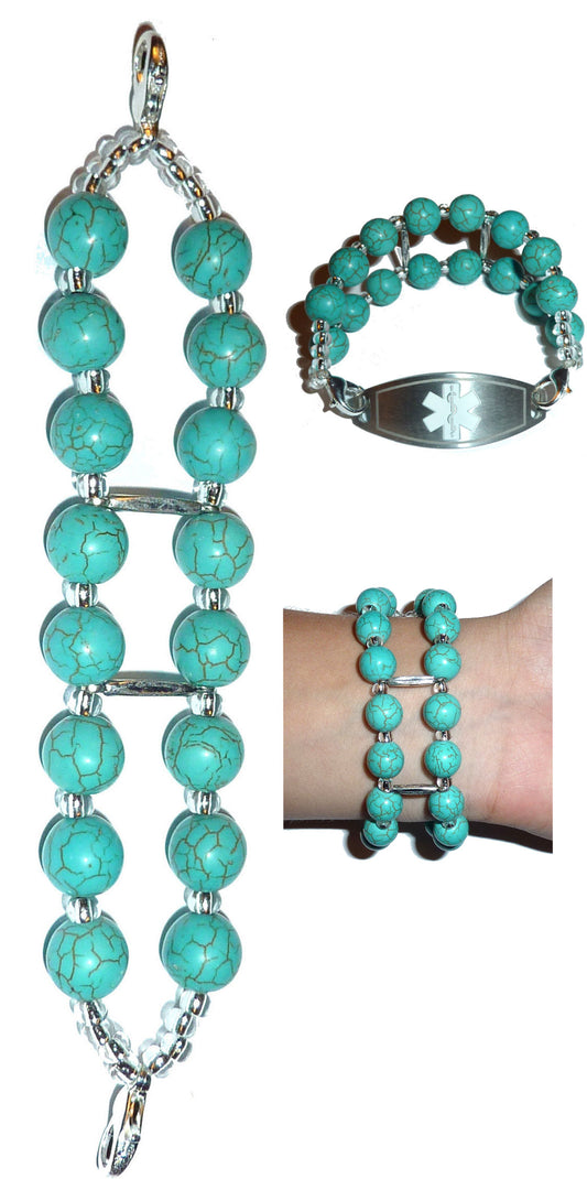 Turquoise Double Strand Women's Medical Alert ID Interchangeable Replacement Bracelet - Stretchy