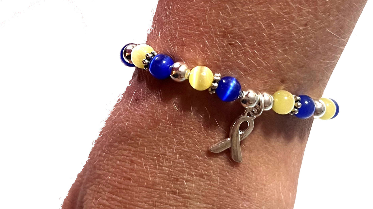 Down Syndrome Awareness Beaded Bracelet, 7.75 Inches, Yellow & Blue Colors, Hand beaded in the USA - Stretch