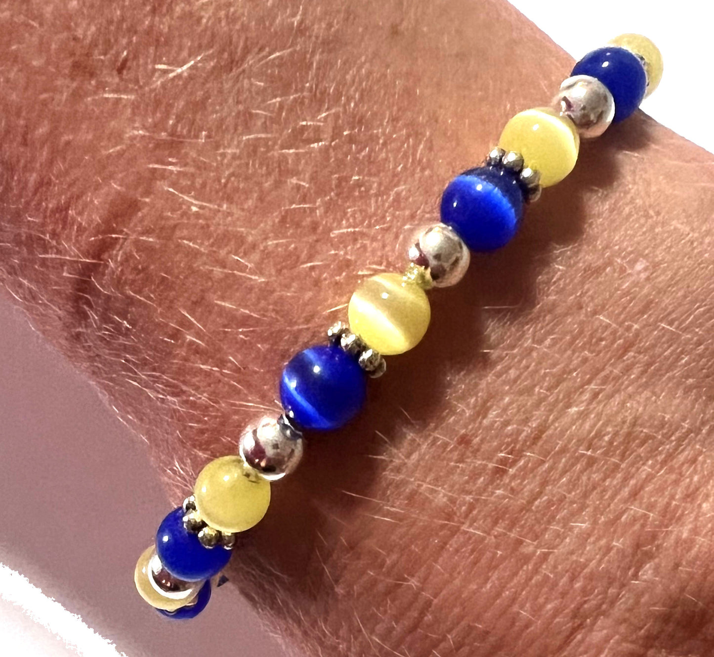 Down Syndrome Awareness Beaded Bracelet, 7.75 Inches, Yellow & Blue Colors, Hand beaded in the USA - Stretch