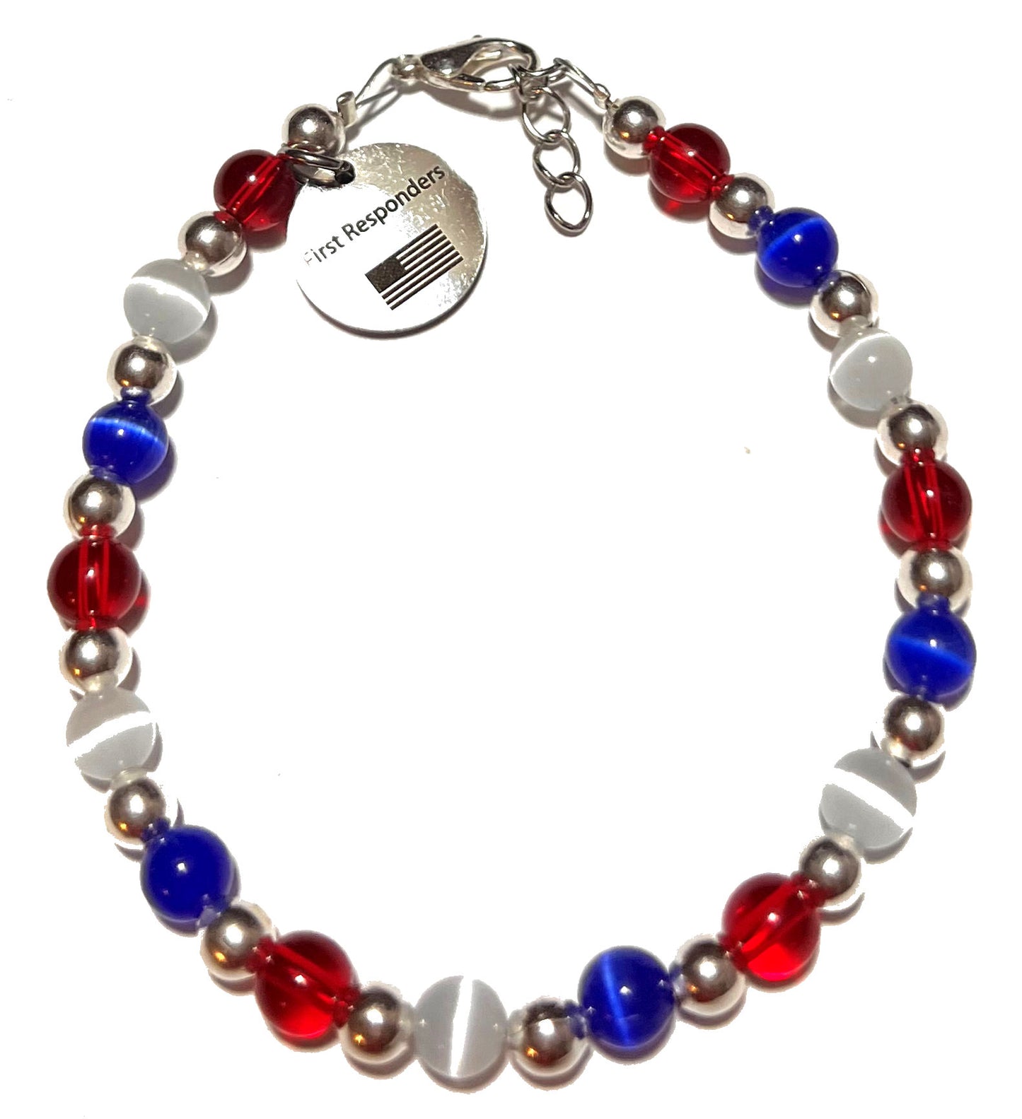 First Responder Awareness Charm With an American Flag, Beaded Bracelet, 7.75 Inches, Red, White & Blue Colors, Cat's Eye Beads, Handbeaded in the USA