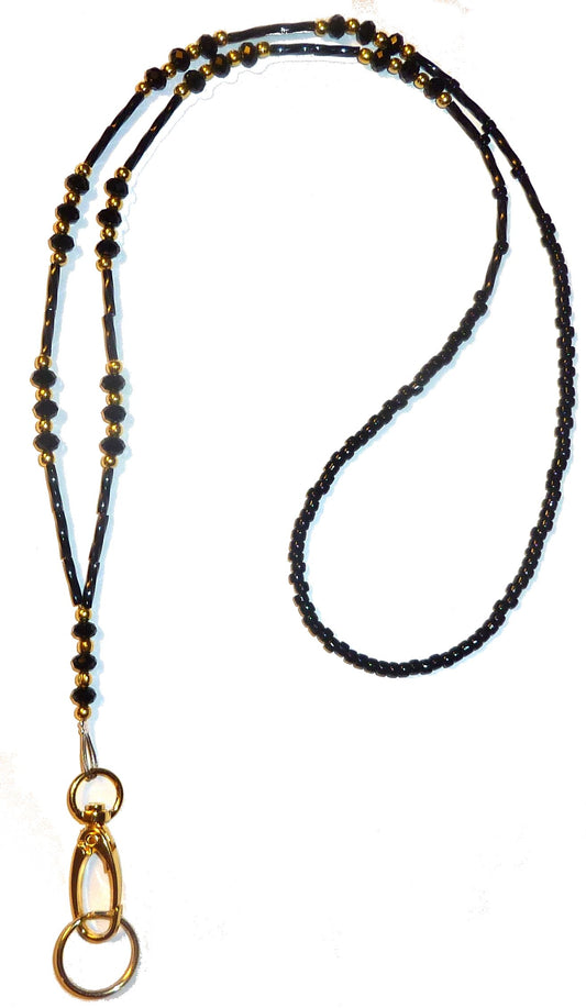 GOLD Crystal Black Fashion Lanyard 34" NON Breakaway - Strong