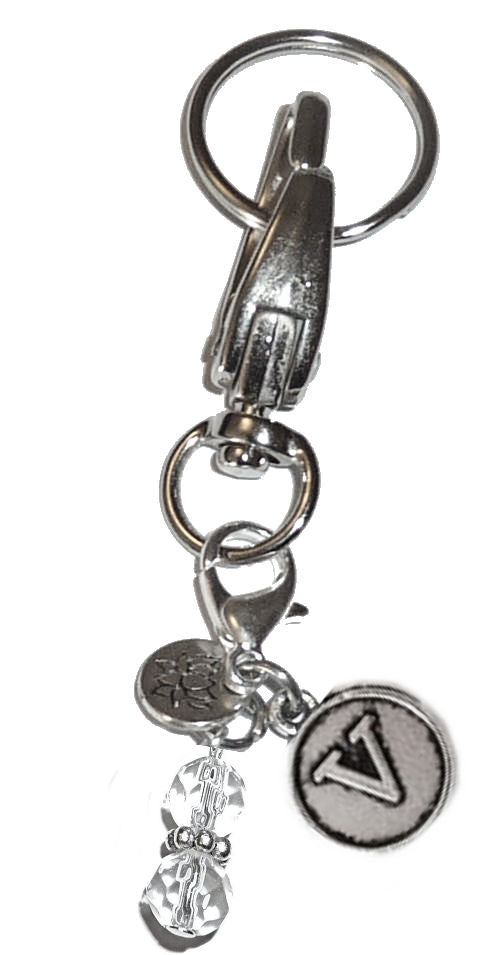 (V) Initial Charm Key Chain Ring, Women's Purse or Necklace Charm, Comes in a Gift Box!